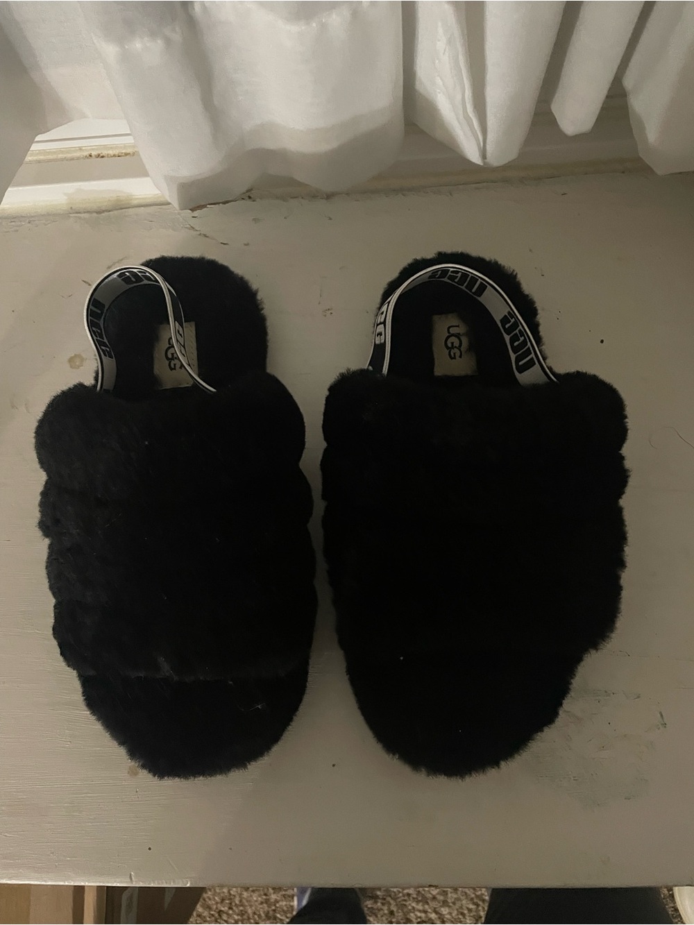 UGG Kids Black Fluffy Slide Slippers with Branded Heel Strap